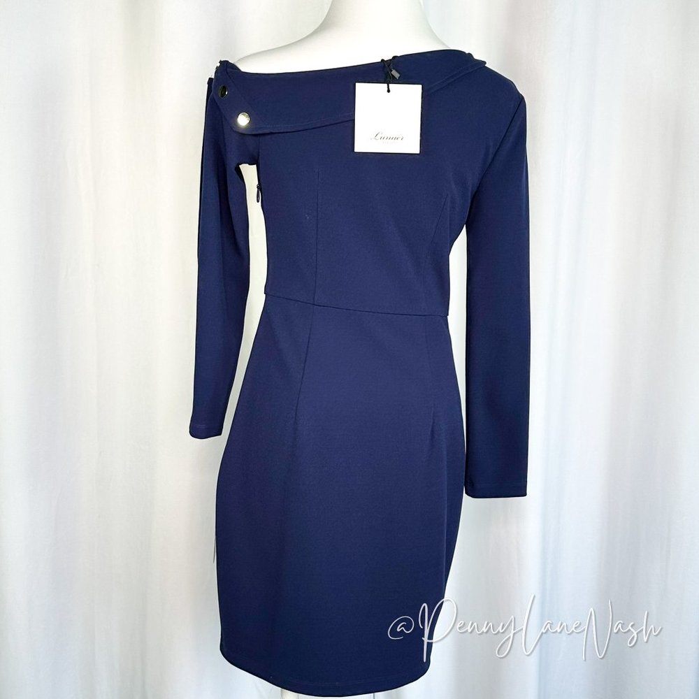 NWT Lumier by Bariano Asymmetric Gold Button Cocktail Dress Navy - Picture 6 of 12